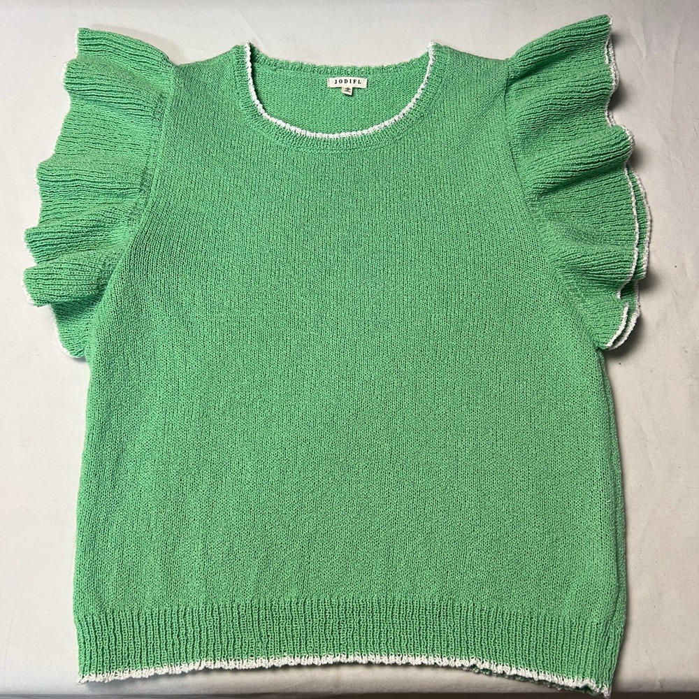 Jodifl Green Ruffle Sleeve Sweater Open Knit Top White Trim Summer Casual Medium - Picture 6 of 10